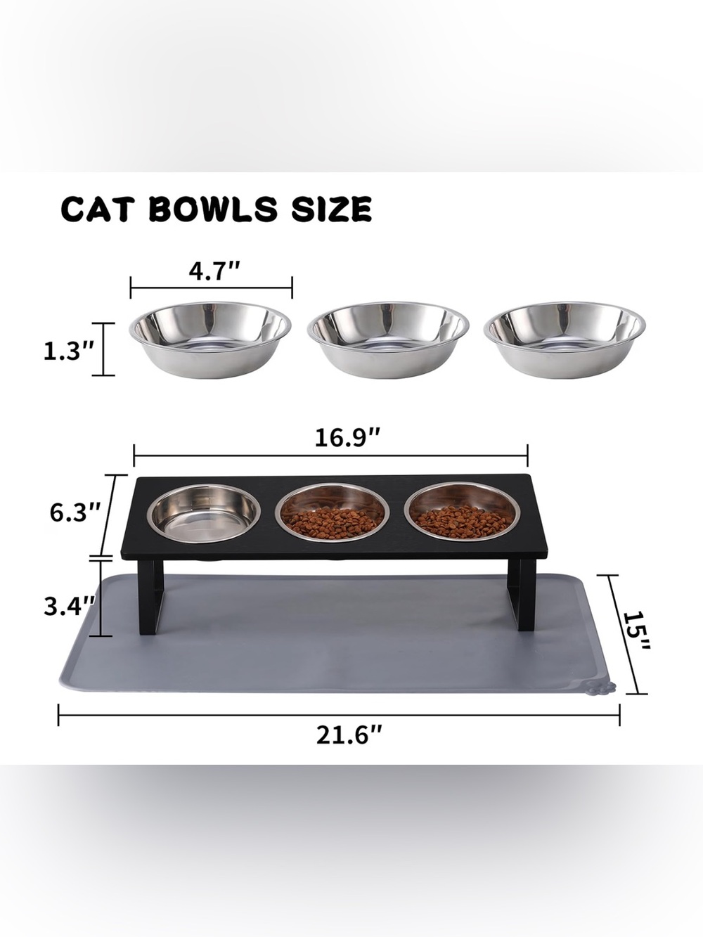 Raised 3-Bowl Cat & Puppy Feeder